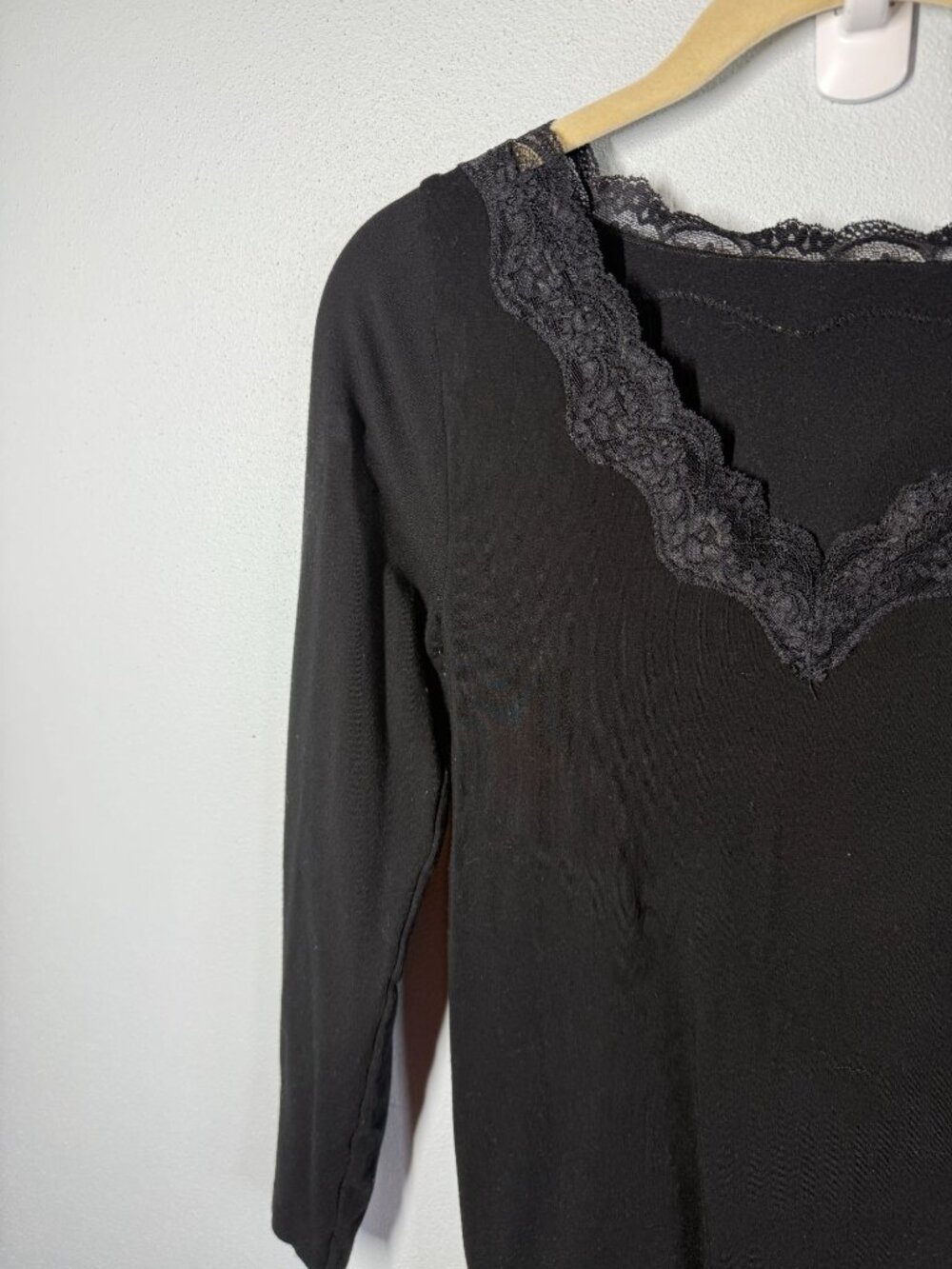 Elietain Womens One Size Fits Most Black Lace Trim Long Sleeve Baselayer Stretch - Picture 3 of 7